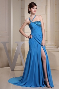Asymmetrical Neck Blue Beading Prom Homecoming Dress