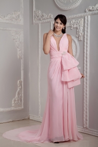 Baby Pink V-neck Prom Party Dress Ruch Train Beading