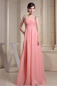 Beaded Straps Prom Party Dress Ruching Watermelon Pink