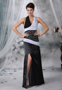 Beaded White and Black Prom Evening Dress Ruch Slit