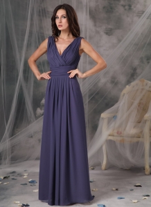 V-neck Purple Ruched Formal Evening Bridesmaid Dresses