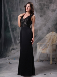 Lace V-neck Evening Celebrity Dresses Black Satin Column