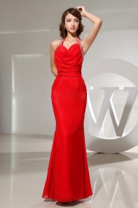 Beading Halter Chiffon Prom Celebrity Dresses Red