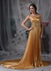 Gold Pleated Straps Evening Pageant Dress Beading Train