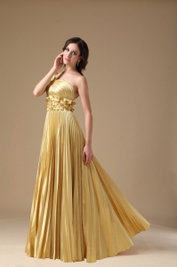 Pleat Gold One Shoulder Hand Flowers Prom Evening Dress