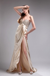 Champagne Beading Celebrity Pageant Dresses High Slit