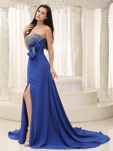 Beaded Bowknot Peacock Blue Prom Evening Dress Slit
