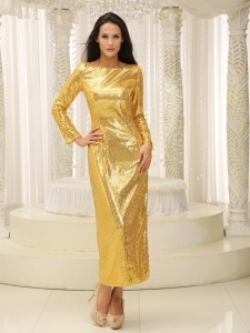 Paillette Long Sleeves Gold Bateau Prom Celebrity Dress