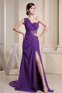 One Shoulder Beaded Prom Homecoming Dress Purple Slit