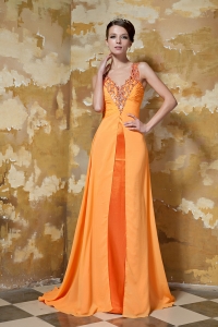 Orange V-neck Beading Prom Evening Dress Train Chiffon