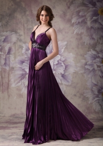 Purple Pleat Prom Evening Dress Spaghetti Straps Beaded