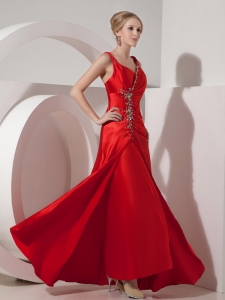 Straps Beading Evening Pageant Dresses Red Ruching