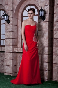 Beading One Shoulder Train Prom Celebrity Dress Red