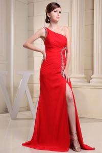 Red High Slit One Shoulder Prom Celebrity Dress Beaded