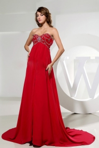 Sweetheart Beaded Red Prom Celebrity Dress Ruch Train