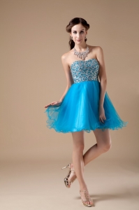 Teal Beaded Cocktail Holiday Dresses Mini-length Organza