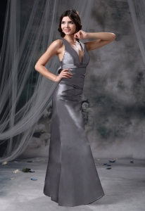 V-neck Grey Criss Cross Bowknot Prom Evening Dresses
