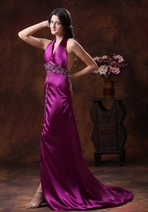 High Slit Haler Prom Evening Dress Fuchsia Beadings