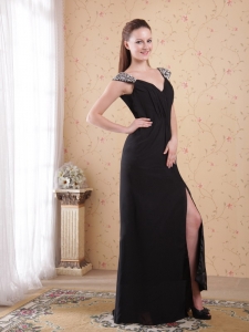 Black V-neck Prom Evening Dress Beaded Chiffon Ruch
