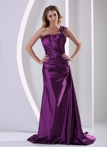 Ruched Eggplant Purple One Shoulder Evening Pageant Dresses