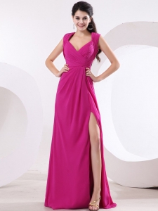 Hot Pink V-neck High Slit Prom Dress Ruch Brush Train