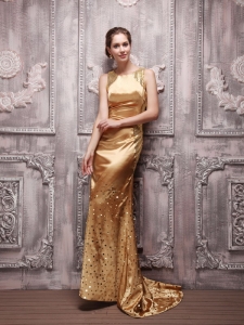 Gold Sequin Bateau Beaded Prom Evening Dress Brush Train