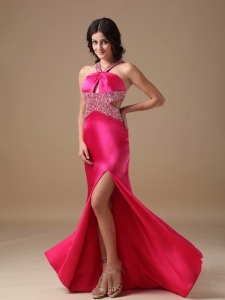 V-neck Celebrity Evening Dresses Hot Pink Beading Slit