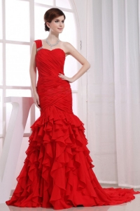 Mermaid Ruffles One Shoulder Watteau Red Prom Celebrity Dress