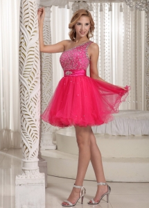 One Shoulder Beaded Prom Homecoming Dress Hot Pink