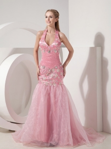 Mermaid Halter Appliques Pink Prom Celebrity Dress Beaded