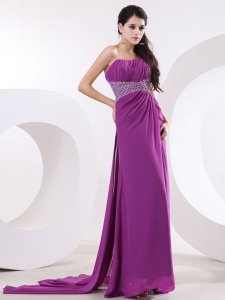 One Shoulder Watteau Train Beaded Prom Evening Dress Purple