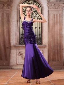 Purple Mermaid Straps Ruching Prom Evening Dress Beaded