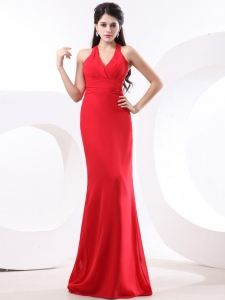 Red Halter Prom Evening Dresses Ruched Brush Train