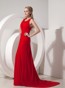 Red Ruch Scoop Brush Train Evening Pageant Dresses Chiffon