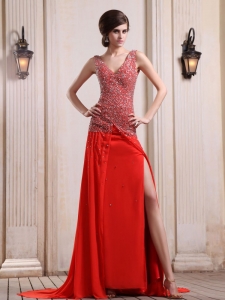 Beaded V-neck High Slit Prom Evening Dresses Red Train