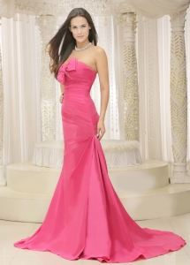 Rose Pink Bowknot Evening Celebrity Dress Ruched Train