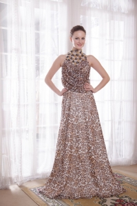 High-neck Leopard Beading Prom Celebrity Dresses Train