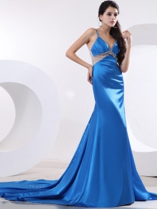 Blue Spaghetti Straps Prom / Evening Dress Beaded Train