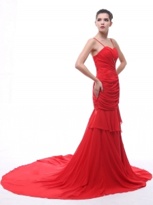 Ruch Spaghetti Straps Red Train Prom Evening Dress Beaded