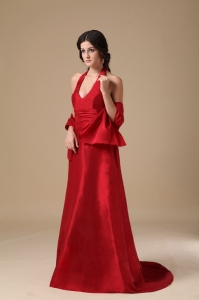 V-neck Satin Ruch Prom Evening Dresses Wine Red Train