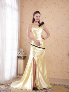 Light Yellow One Shoulder Ruch Evening Celebrity Dresses