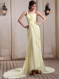 Yellow Green Prom Homecoming Dress One Shoulder Ruch Train