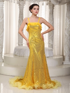 Mermaid Sequin Straps Prom Celebrity Dresses Yellow