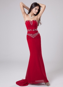 Watteau Train Prom Dress Red Beading Column Sweetheart