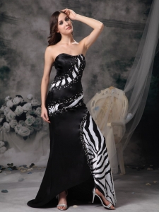 Satin Zebra Prom Celebrity Dress Black Brush Train Beading