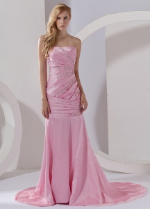 Baby Pink Prom Dress Court Train Beading Column Ruch