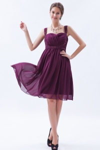 Dark Purple Knee-length Dama Dress Beading Ruch Straps