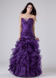 Organza Ruffles Prom Dress Purple Beading Strapless A-line