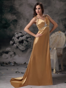 Gold Straps Evening Pageant Dress Brush Train Beading