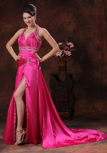High Slit Evening Pageant Dress Hot Pink Beaded Halter